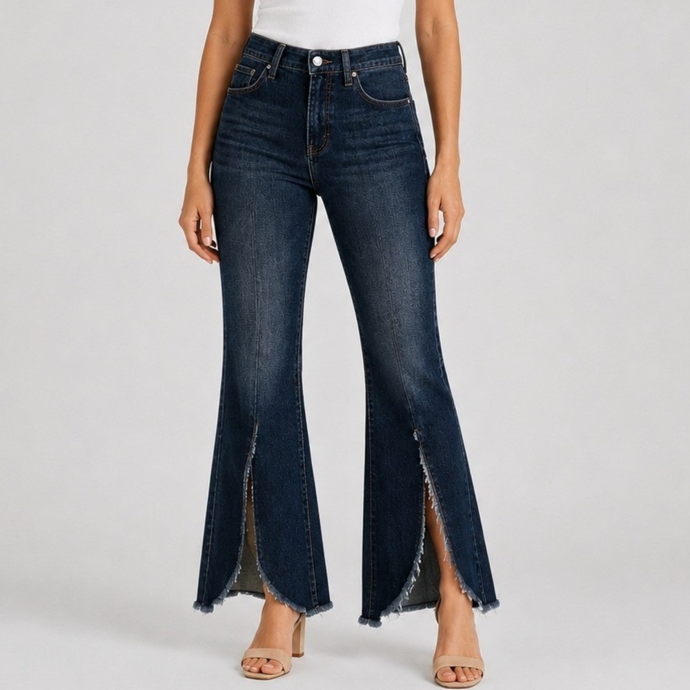 Seven7 High Rise Flare Jeans Split‎ Hem Distressed Dark Wash 10